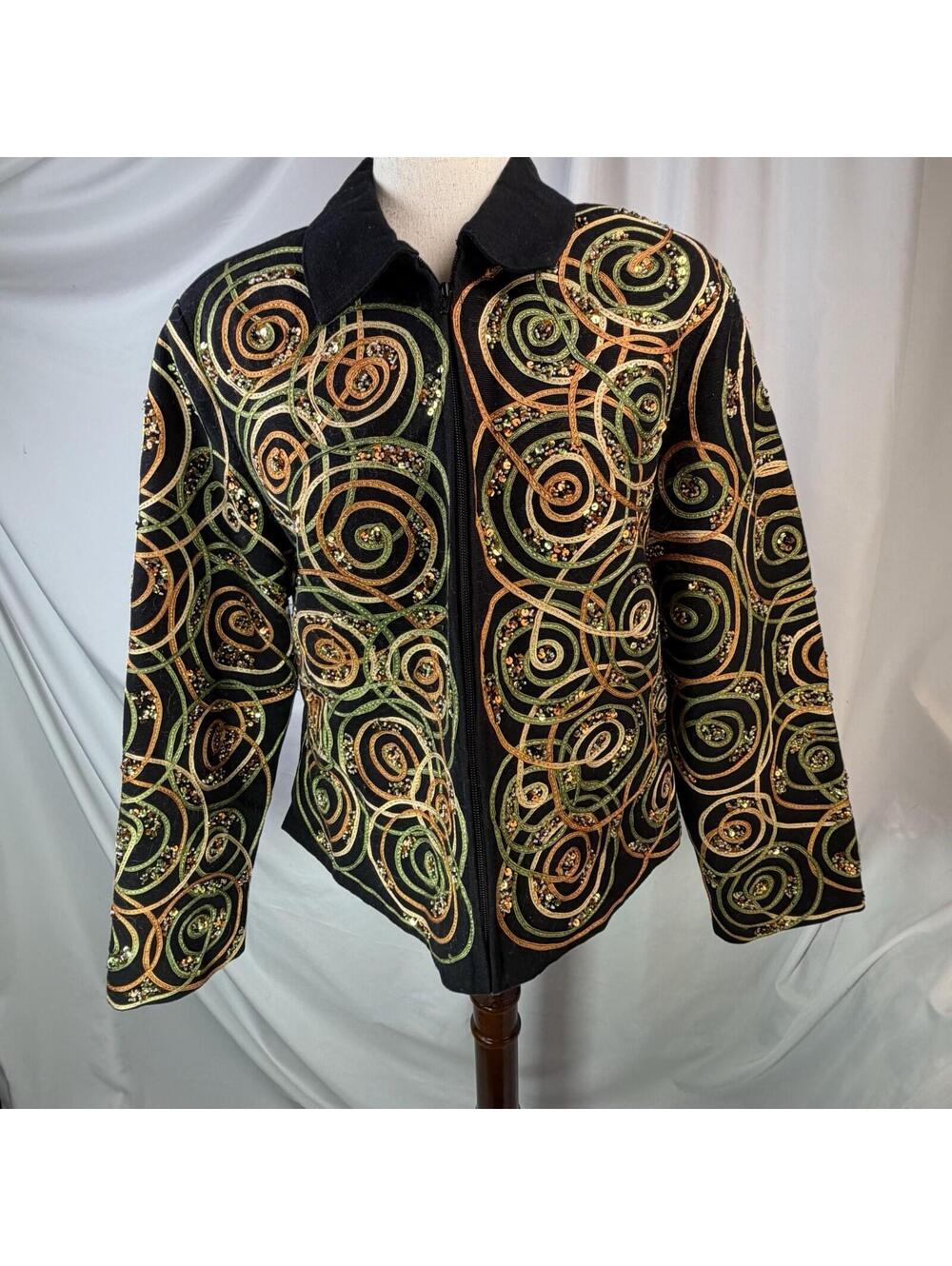ANAGE Jacket Blazer Black Spiral Ribbons Gold Tones Beaded Artsy XL Unique
